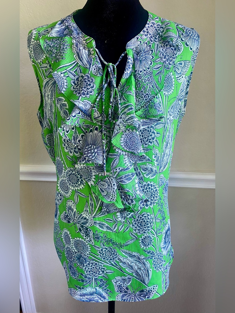 TOMMY HILFIGER Green Floral Ruffle Tie-Neck Sleeveless Top